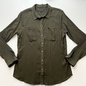 Banana Republic Army Green Button-Up Long Sleeve Cotton Gauze Shirt Size Large